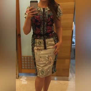 Byron Lars Silk printed knee length pencil dress. Multicolored with belt.